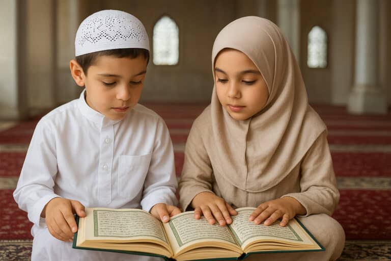 Young Muslim children studying the Quran together at Learn Quran Academy.